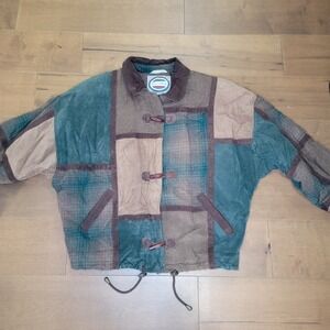 Vintage Badlands Genuine Leather Wool Patchwork Coat Plaid Toggle Button Brown M